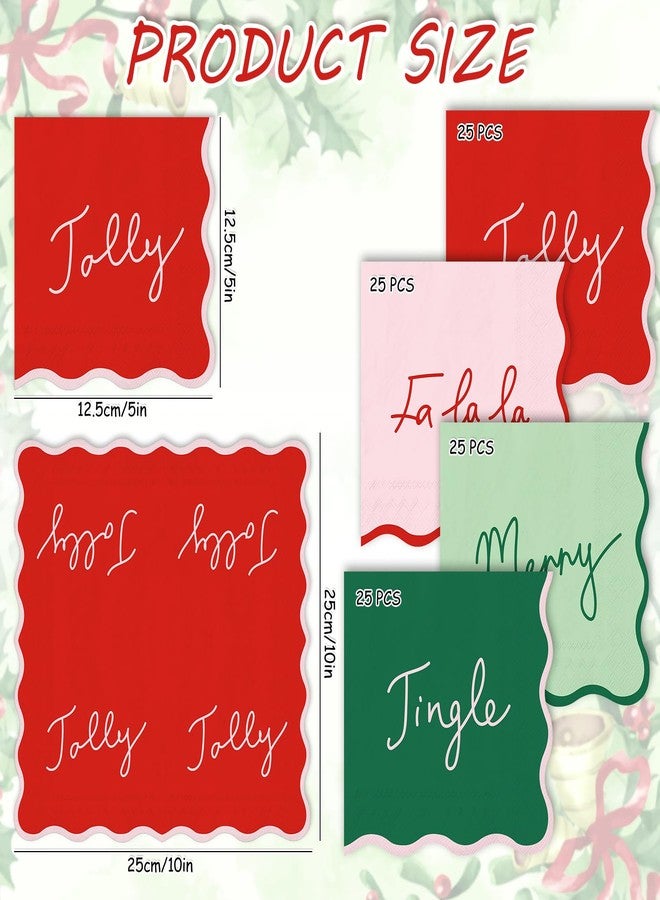 JarThenaAMCS مناديل كوكتيل عيد الميلاد من JarThenaAMCS، 100 قطعة، ألوان أحمر، وردي، أخضر، مناديل ورقية للاستخدام مرة واحدة، مزينة بحواف مزخرفة، مثالية لحفلات عيد الميلاد الشتوية. - Image 2